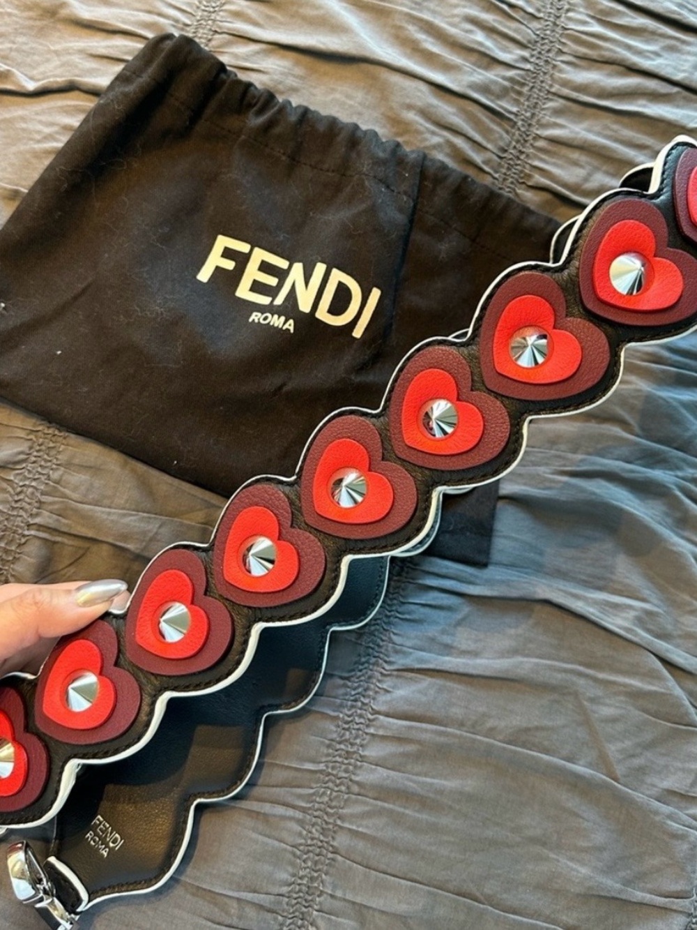 Fendi Black Leather Heart Strap with White Trim